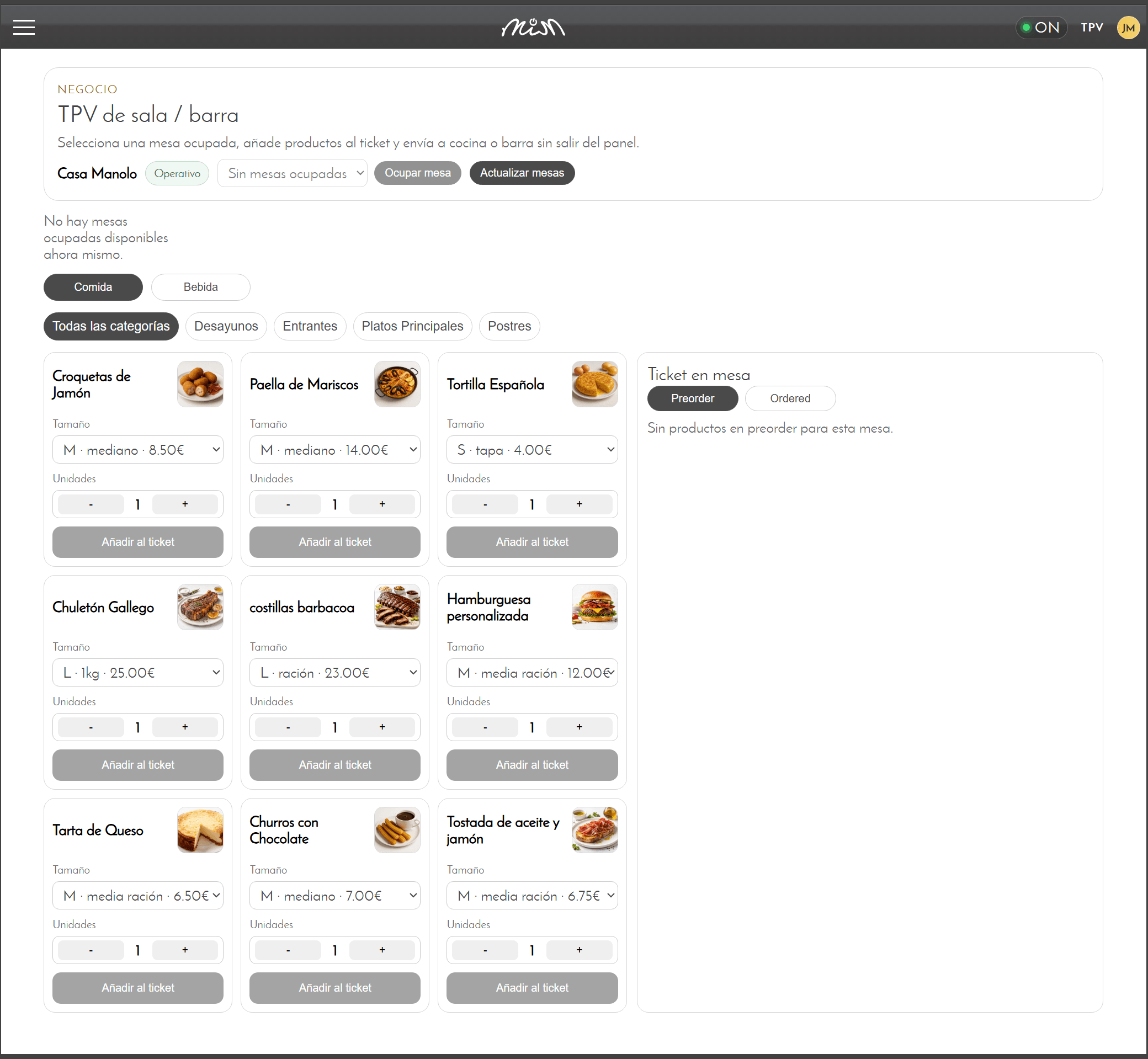 Panel real de MiM para registrar pedidos y gestionar las mesas del restaurante