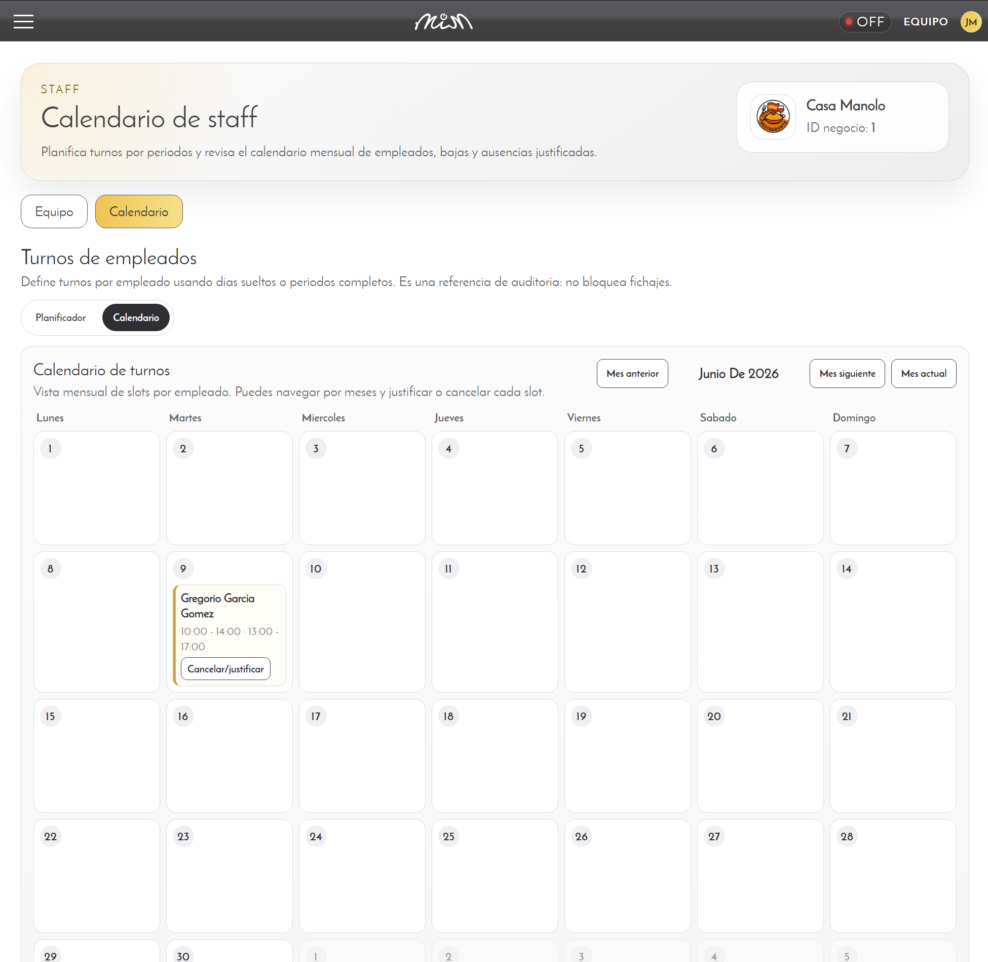 Captura de la funcionalidad: Calendario de turnos y planificación del equipo