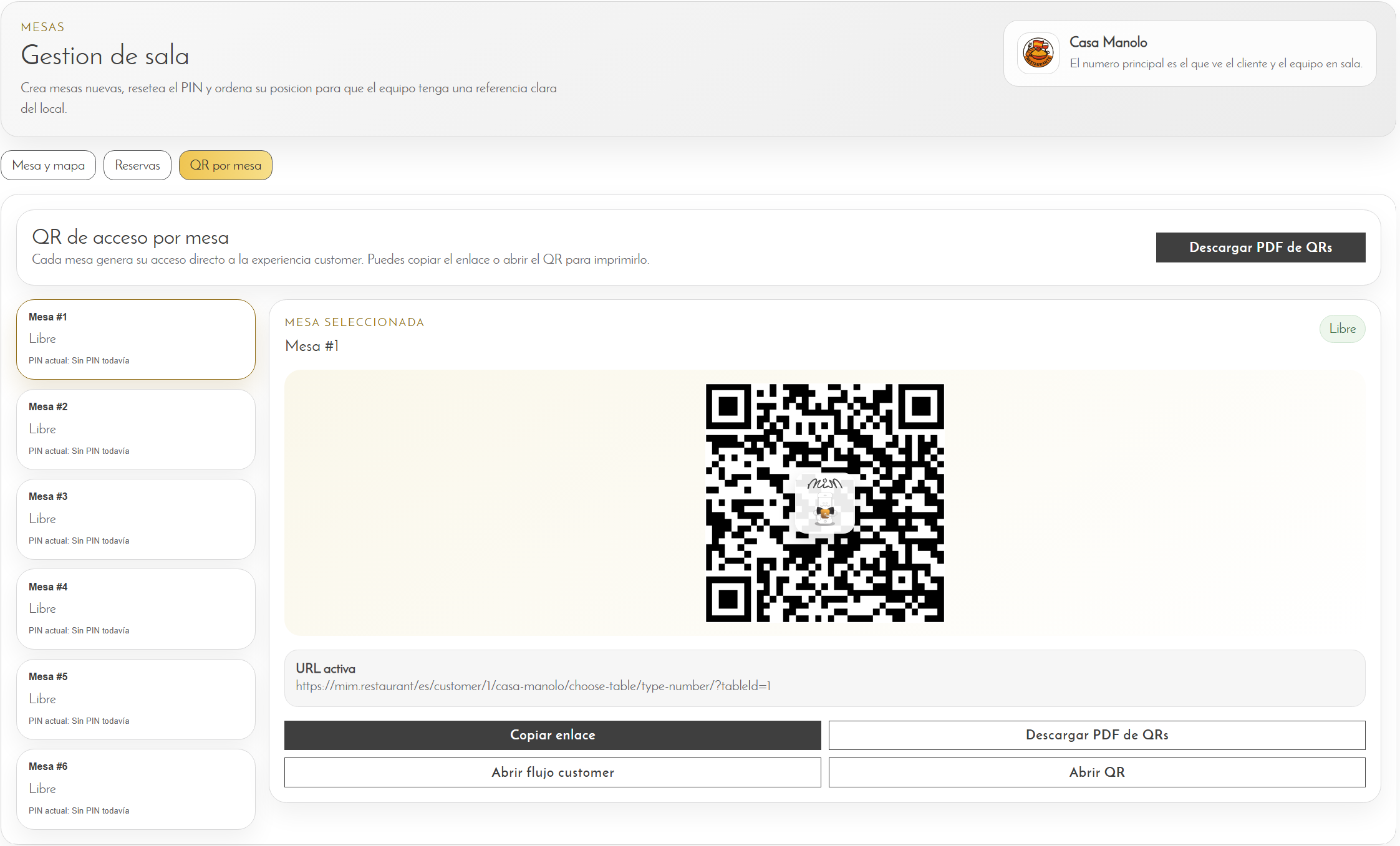 Captura de la funcionalidad: QR de mesa y conexión sin app para el cliente
